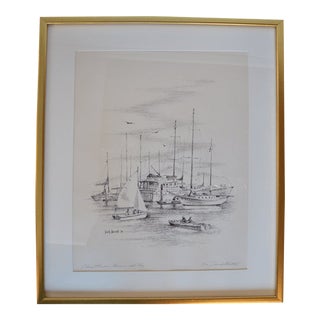 1970s Nautical Sailboat Drawing by David Norton, Framed For Sale
