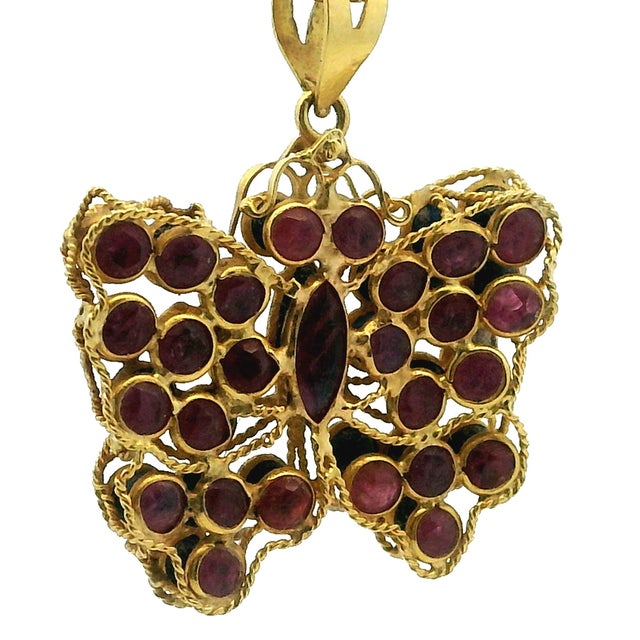 Vintage 18k Gold Ruby Sapphire Butterfly Pendant For Sale - Image 9 of 12