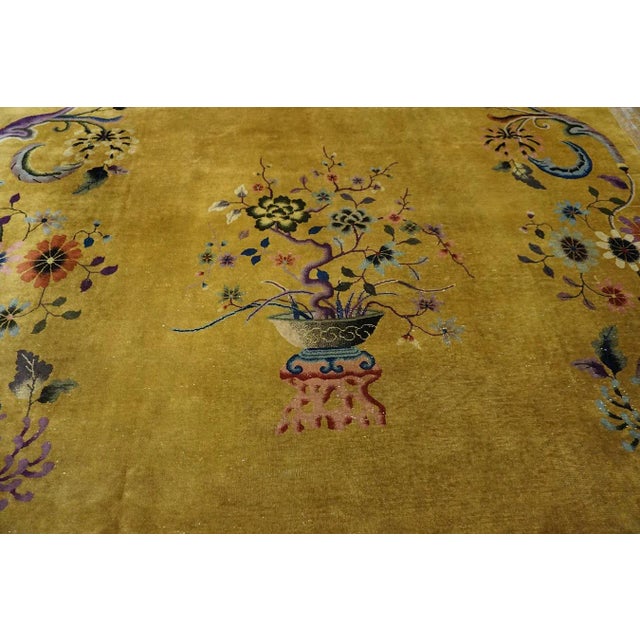 1920s Yellow Saffron Floral Vase Antique Chinese Art Deco Carpet 8'8" X 11'4" Knotted Wool Rug For Sale - Image 11 of 13