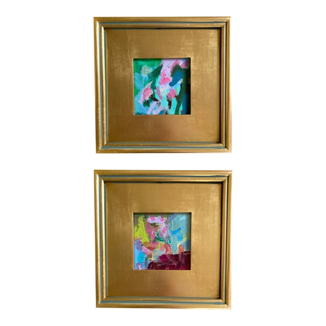 "Pink Petals" Pair of Framed Mini Paintings by Jessalin Beuter For Sale