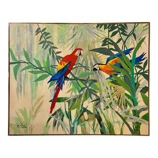1970s Tropical Birds with Landscape Painting by Lee Reynolds, Framed For Sale