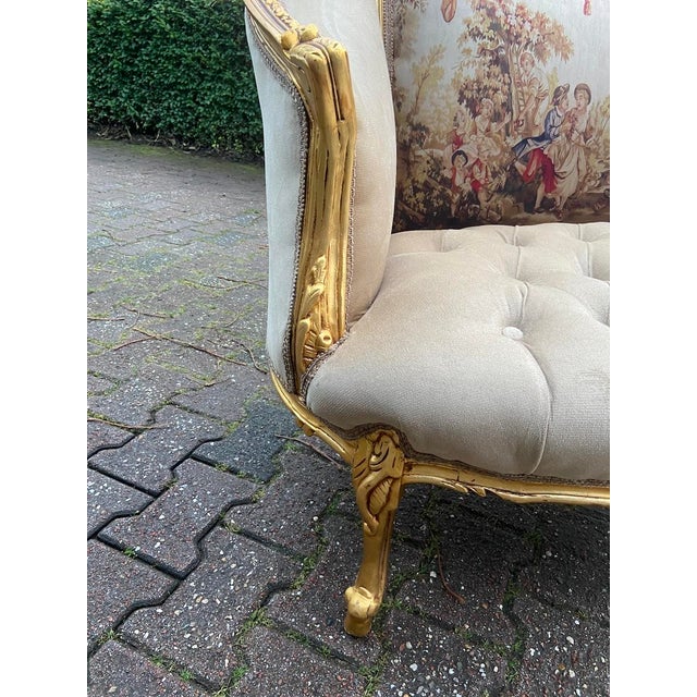 c.1900 French Marquise Gold Beech Velvet Loveseat For Sale - Image 12 of 13