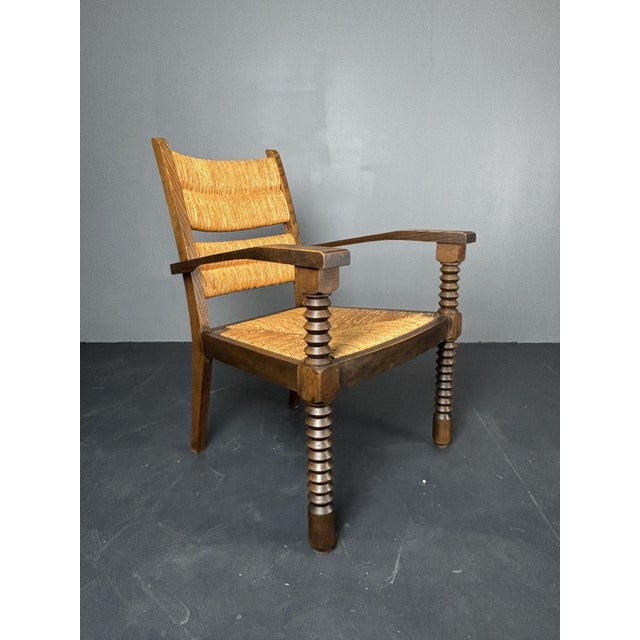 Mid-Century Modern Brutalist Turned Oak and Rush Armchair in the style of Charles Dudouyt, France, 1950s For Sale - Image 3 of 18