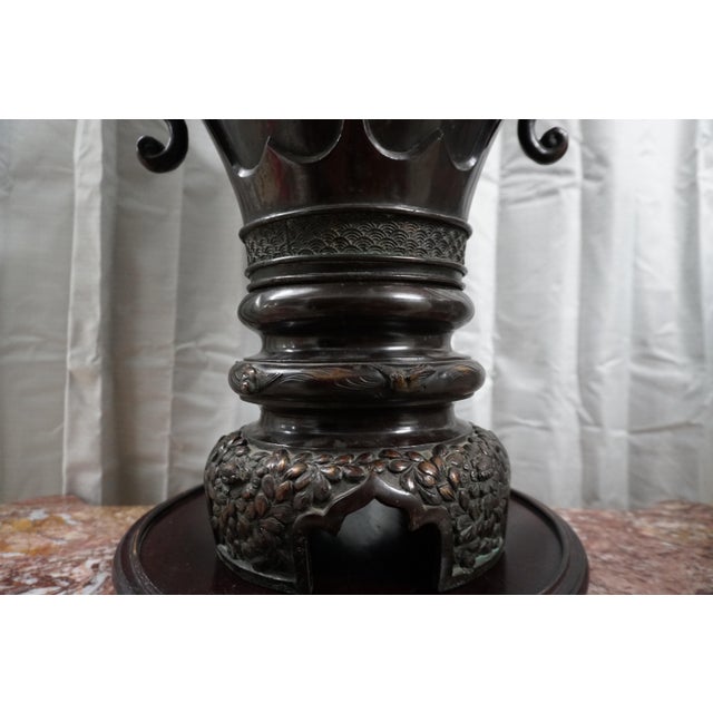 Coffee Monumental Japanese Patinated Bronze Crane Floor Vase With Shishi Lion Handles | Meiji Style For Sale - Image 8 of 12