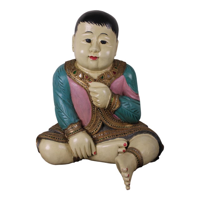 Mid 20th Century Wood Carved Seated Asian Baby Jeweled Lacquered Sculpture, Thailand For Sale