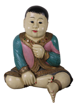 Mid 20th Century Wood Carved Seated Asian Baby Jeweled Lacquered Sculpture, Thailand