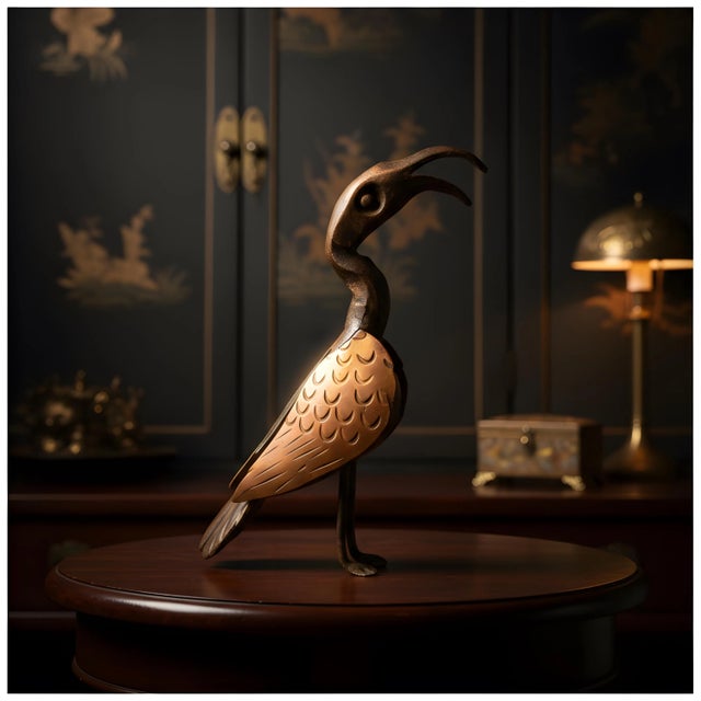 Brutalist Small Metal Stork Sculpture: 5 Inch Iron Brass Vintage Curio Decor Bird Statue For Sale - Image 3 of 5