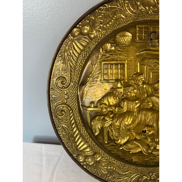 English Vintage English Embossed Brass Plate - Colonial Family Scene For Sale - Image 3 of 10