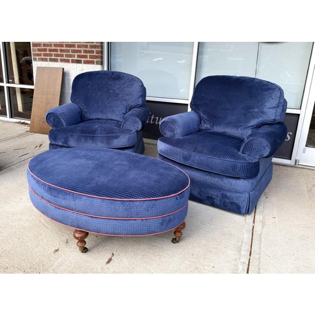 American Late 20th Century 3 Piece High End Custom Upholstered Club Chairs & Ottoman For Sale - Image 3 of 17