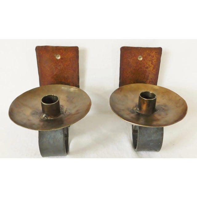 French Pair Antique French Black & Gold Scroll Wrought Iron Candle Holder Wall Sconces For Sale - Image 3 of 12