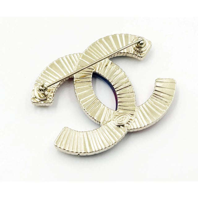 Contemporary Chanel Gold CC Fuchsia Blue Brooch For Sale - Image 3 of 4