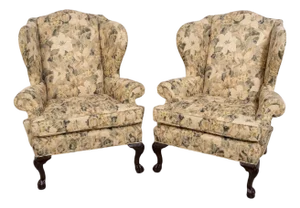 Pair of Ethan Allen Rolled Arm Wingback Chairs