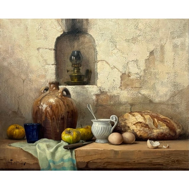 Still Life with Fruit & Bread Rustic French Farmhouse Interior by French Artist 1992 Circa For Sale - Image 17 of 18