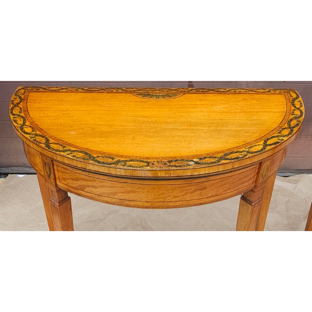 Late 18th Century Pair of George III Floral Wreath Painted Crossbanded Satinwood Demilune Card Tables For Sale - Image 11 of 18