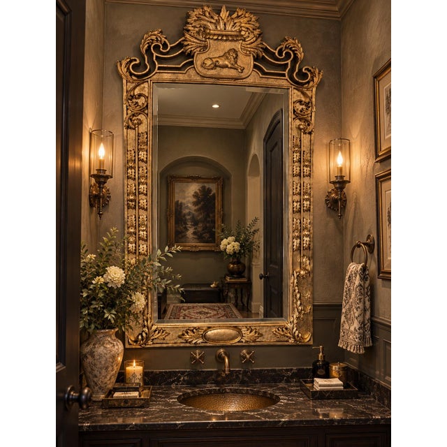Large Baroque-Style Gilt Carved Lion Crest Mirror, 52” X 34” For Sale - Image 10 of 11