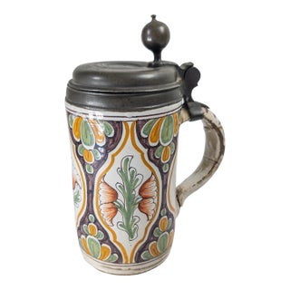 18th Century Continental European German Polychrome Faience Tankard Stein For Sale