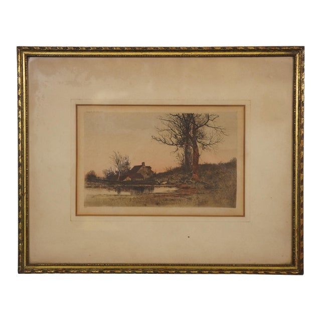 Late 19th Century Antique Edward Loyal Field Country Farmhouse Colored Landscape Etching 15", Framed For Sale