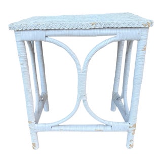 Vintage Bamboo Rattan End Table Nightstand Retro Table Boho Mid Century White For Sale