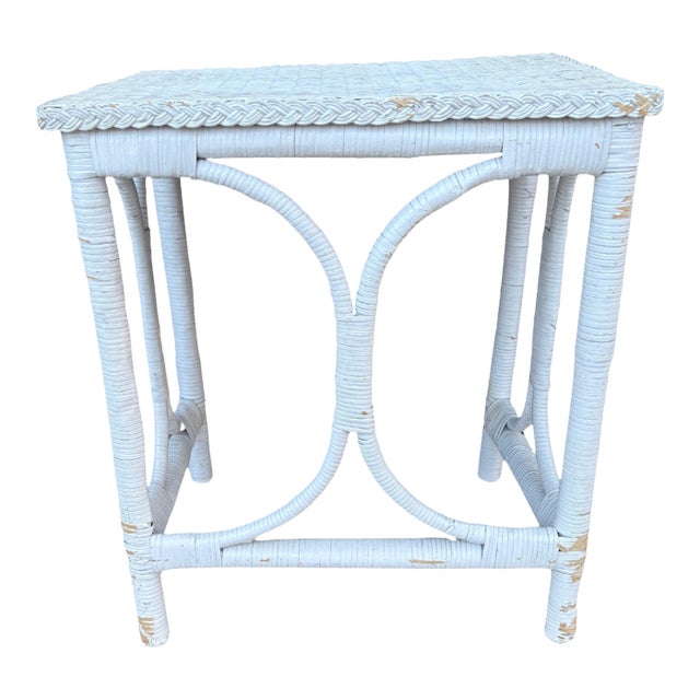 Vintage Bamboo Rattan End Table Nightstand Retro Table Boho Mid Century White For Sale