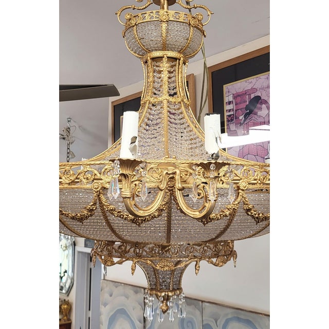 Vintage French Style Bronze & Crystal Basket Chandelier For Sale - Image 9 of 18