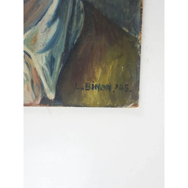Vintage 1945 modernist oil on masonite portrait painting of man. Signed L. Binon dated 1945 lower right corner. Unframed,...