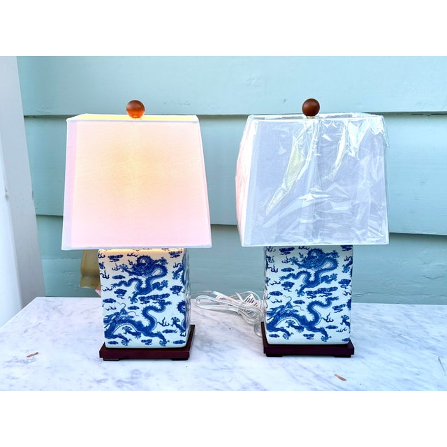 Chinoiserie Ralph Lauren Blue and White Dragon Lamps - A Pair For Sale - Image 3 of 10