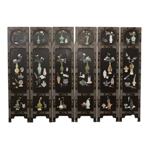 Chinese Export Six Panel Hardstone Lacquer Screen