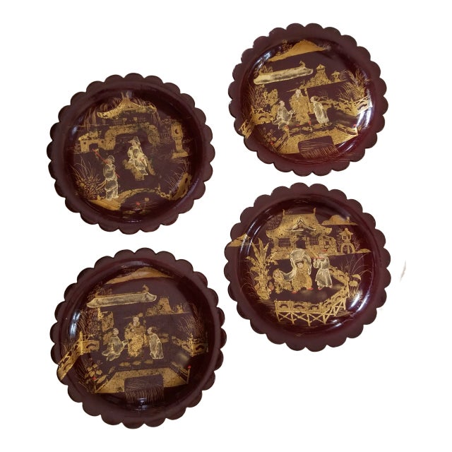 Set of Four Antique English Chinoiserie Papier Mache Plates For Sale