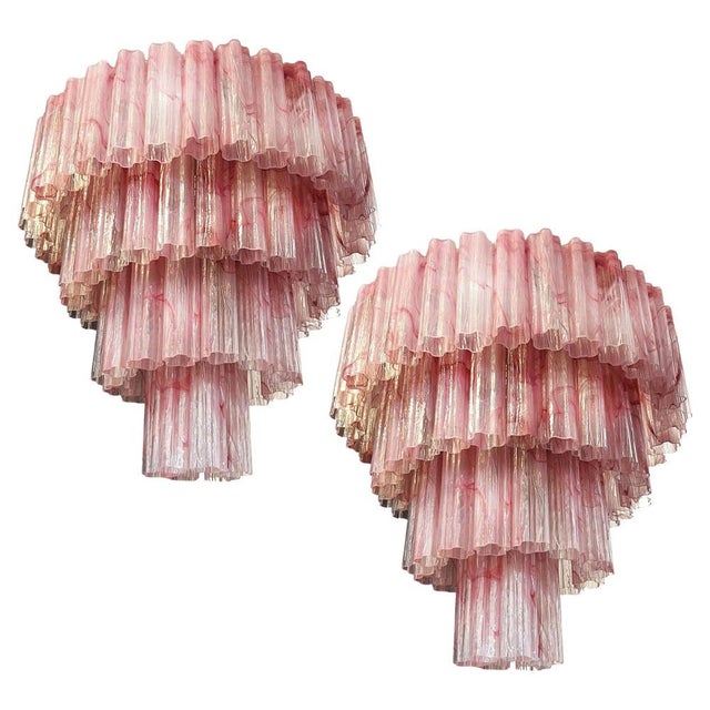 Vintage Murano Glass Tiered Chandeliers with 78 Alabaster Pink Glasses, 1990s, Set of 2 For Sale - Image 16 of 16