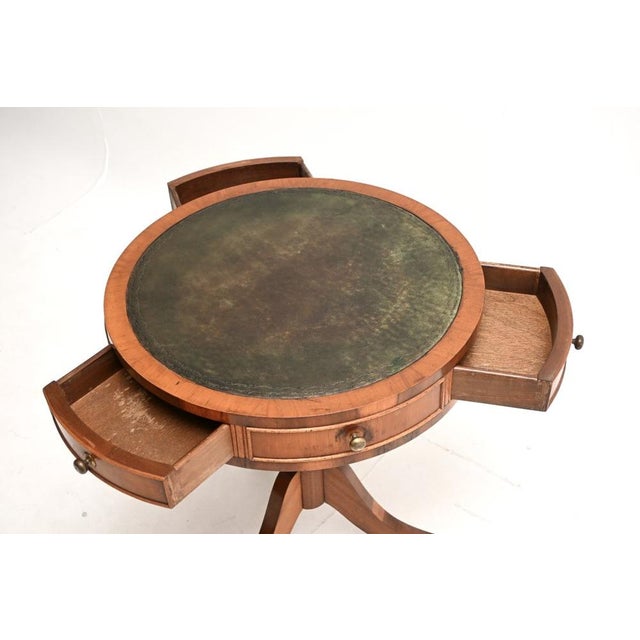 Antique Yew Wood Leather Top Drum Table, 1950s For Sale - Image 4 of 7