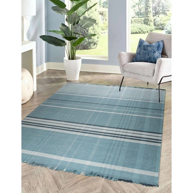 6x9 Opulent Majestic Blue Geometric Modern Flatweave Wool Carpet Rug For Sale - Image 9 of 9