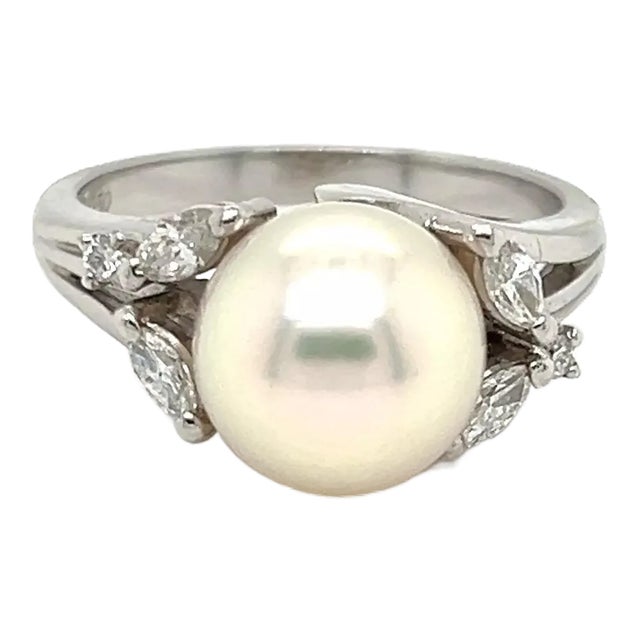 Mikimoto Akoya Pearl Diamonds Platinum Cocktail Ring - Size 6 For Sale