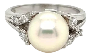 Mikimoto Akoya Pearl Diamonds Platinum Cocktail Ring - Size 6
