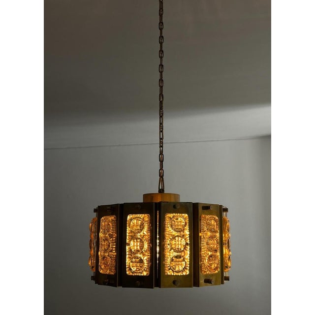 Brass Pendant Lamp with Crystal Elements attributed to Carl Fagerlund for Orrefors, Sweden, 1960s. For Sale - Image 6 of 16