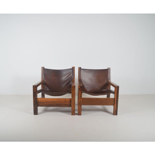 Mid-Century Modern French Armchairs in Olive Wood and Saddle Leather, 1970s, Set of 2 For Sale - Image 3 of 16