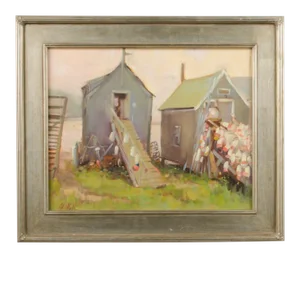 Late 20th Century "Fishing Shacks" Impressionist Style Oil Painting by Alison Hill, Framed