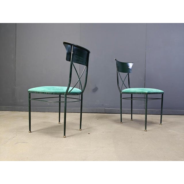 Set of 6 rare dining chairs by Belgochrom with brushed steel and green metal frames with their original mint green suede...
