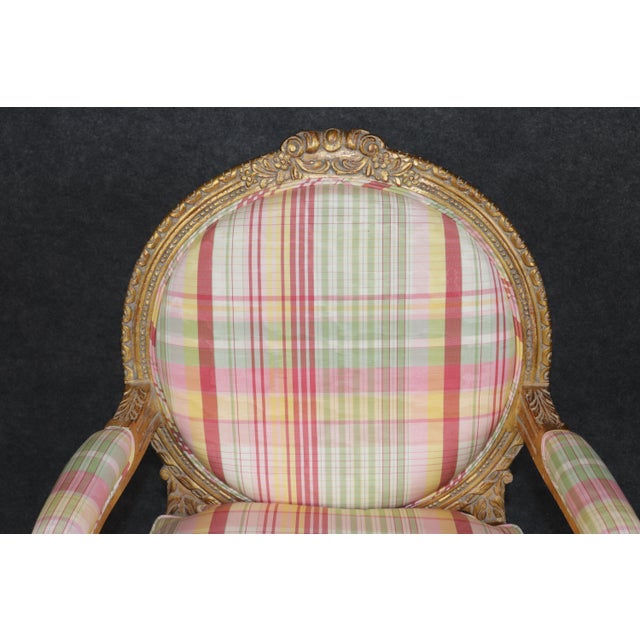 Pair of Louis XVI Style Gilt Carved Arm Chairs With Plaid Upholstery For Sale - Image 12 of 15