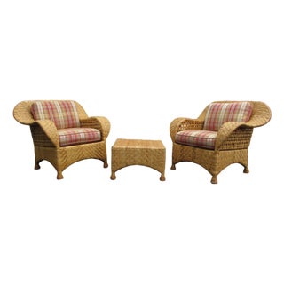 Pair Vintage Woven Rattan Lounge Chairs and Ottoman by McGuire For Sale