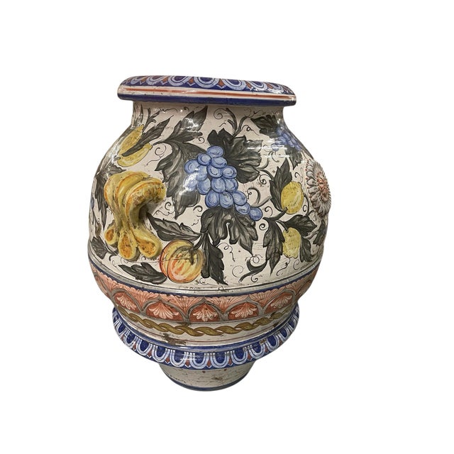 Monumental Vintage Italian Majolica Floor Urn With Raised Fruit Relief For Sale In West Palm - Image 6 of 10