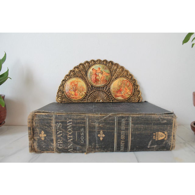 Vintage Gold Plated Wall Art Hand Fan Victorian Porcelain Cameos For Sale In Milwaukee - Image 6 of 8