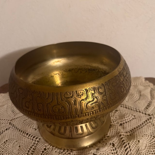 This vintage mid century South Korean brass pedestal bowl. Embossed with geometric and brutalist style pattern. Bowl is 10...