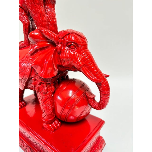 Plastic Hollywood Regency Chinoiserie Red Elephant & Monkey Sculpture Glossy Resin 1970s For Sale - Image 7 of 15