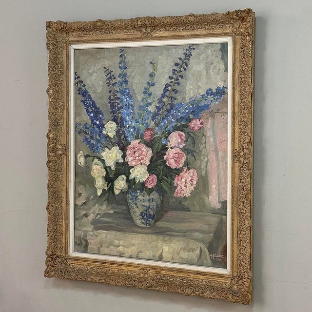 Wood Antique Framed Oil Painting on Canvas by Lucien Hock (1899-1972), Floral Still Life in Delft Pot, Dated 1949 For Sale - Image 7 of 17