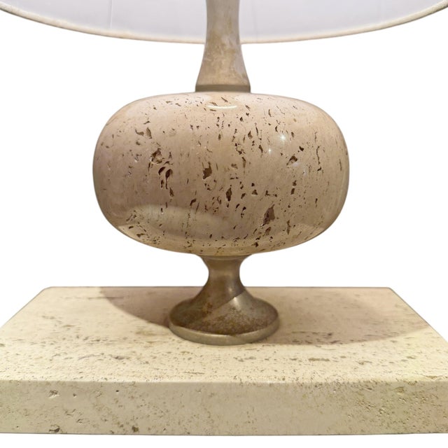 Linen French Art Deco Travertine Table Lamp For Sale - Image 8 of 11