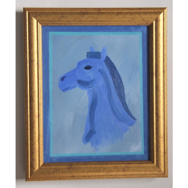 Contemporary Horse Portrait Blue Minimalism Art Deco Abstract Original Oil Painting by Cleo Plowden For Sale - Image 3 of 3