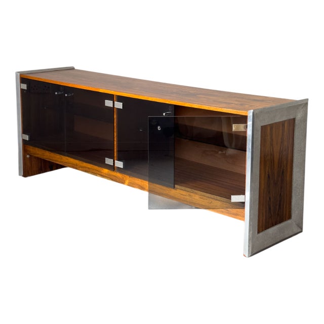 Rosewood, Chrome & Smoked Glass Sideboard attributed to Richard Young for Merrow Associates, 1960s For Sale