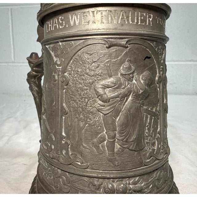 Gray Antique Ornate 1900 Figural German Pewter Lidded Engraved Relief Beer Stein Mug For Sale - Image 8 of 15