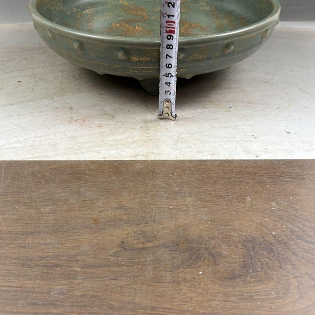 Late 20th Century Vintage Ru-Style Celadon Tripod Basin With Gilt Dragon Motif For Sale - Image 5 of 8