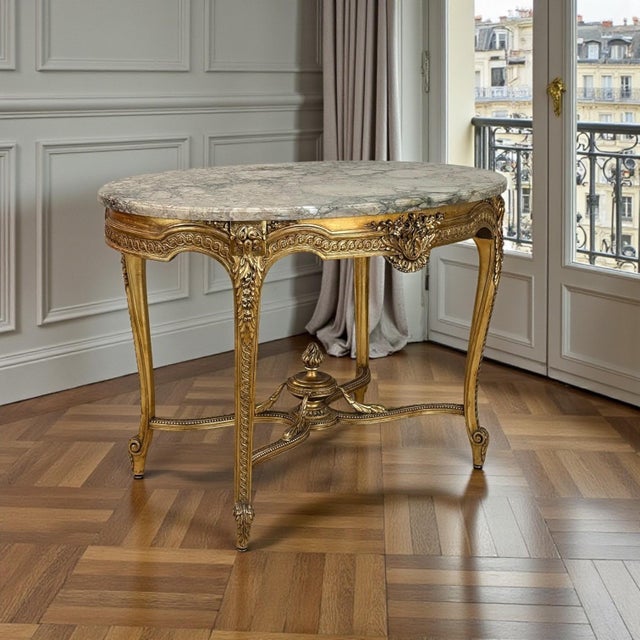 French 19th Century French Louis XVI Gilded Marble Top Oval Center Table For Sale - Image 3 of 18